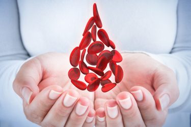 close up of a woman's hands with a drop shape formed of red blood cells hovering above - idea of treatment for blood disorder