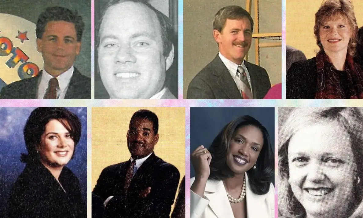 Photo collage of 8 vintage headshots of 40 under 40 award winners from the early 90s to the mid-2000s