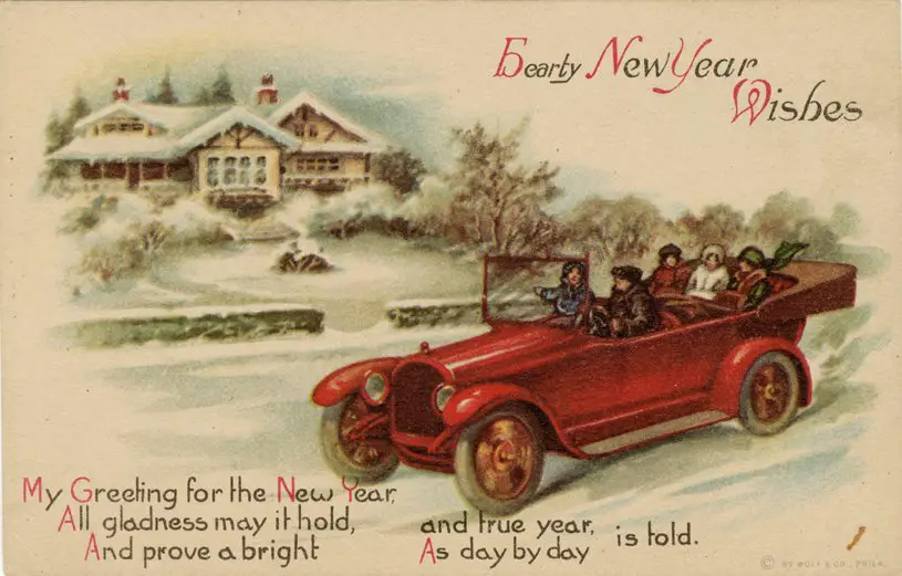 Antique greeting card showing a red motor car transporting revelers through a snowy scene. Card reads 