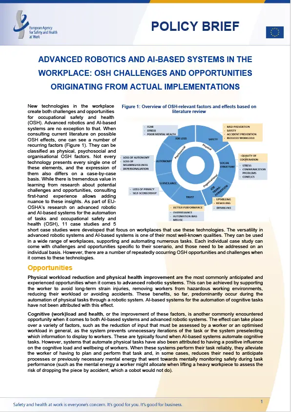 Advanced robotics and AI-based systems in the workplace: OSH challenges and opportunities originating from actual implementations