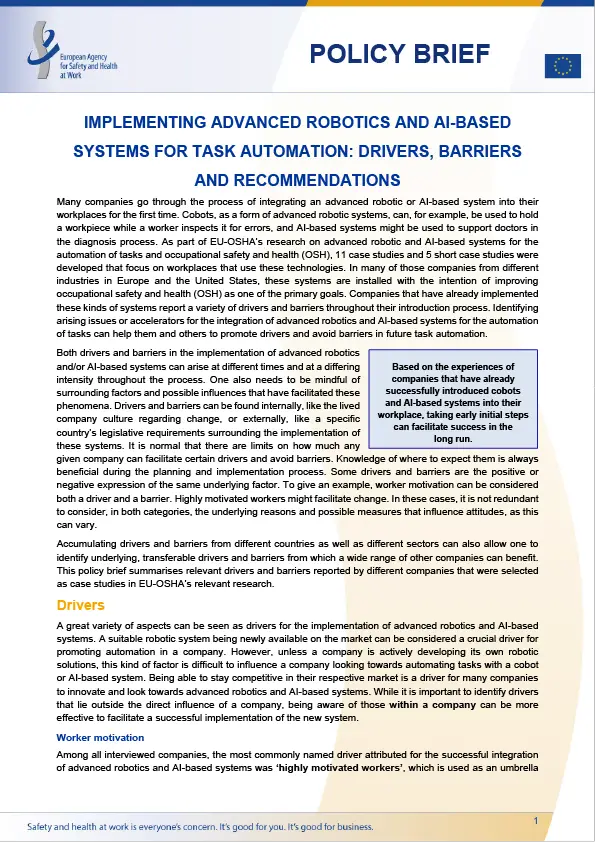 Implementing advanced robotics and ai-based systems for task automation: drivers, barriers and recommendations